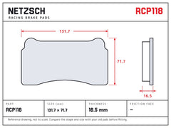 NETZSCH Endless RCP118 brake pad drawing, 16.5 mm thick