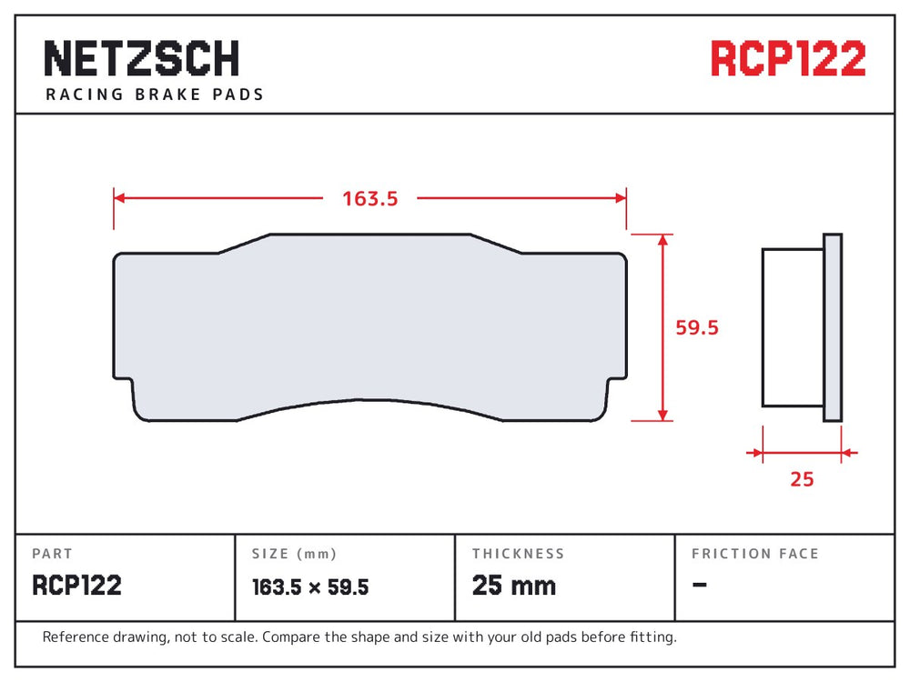 NETZSCH Endless RCP122 brake pad drawing, 25 mm thick