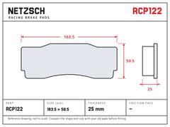 NETZSCH Endless RCP122 brake pad drawing, 25 mm thick