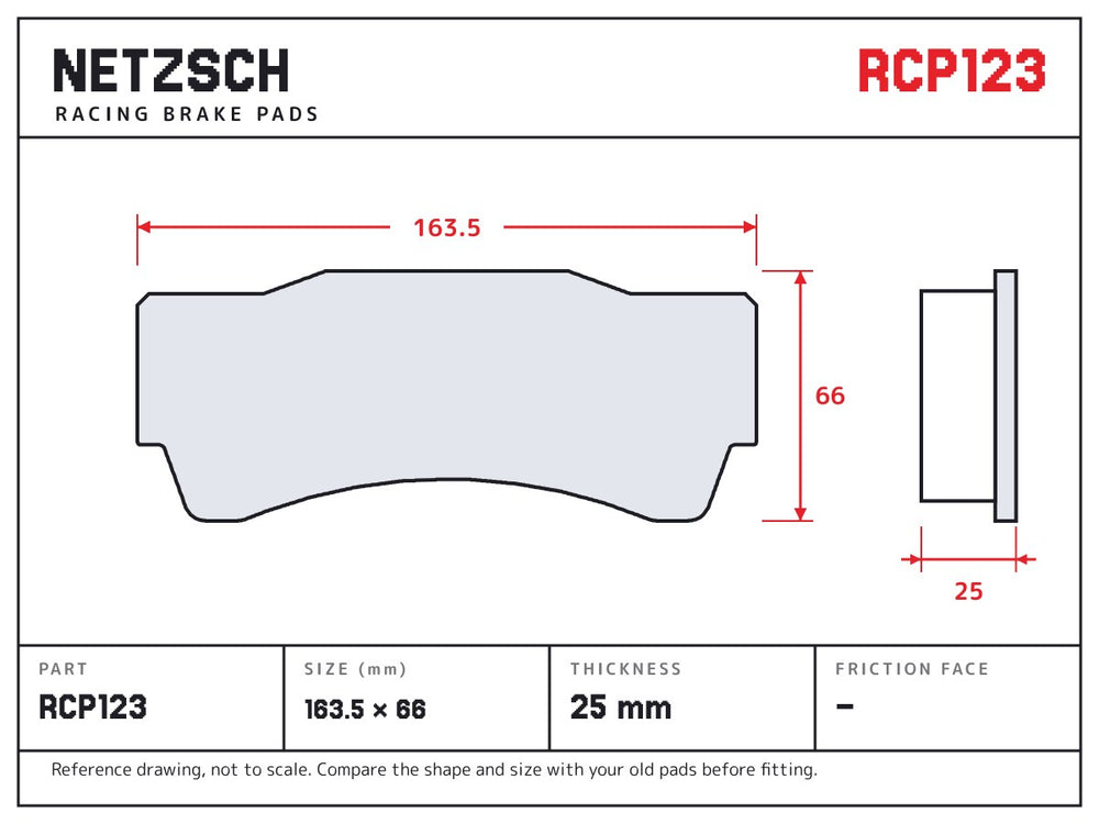 NETZSCH Endless RCP123 brake pad drawing, 25 mm thick
