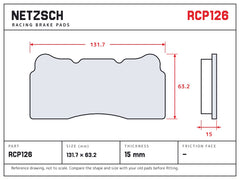 NETZSCH Endless RCP126 brake pad drawing, 15 mm thick
