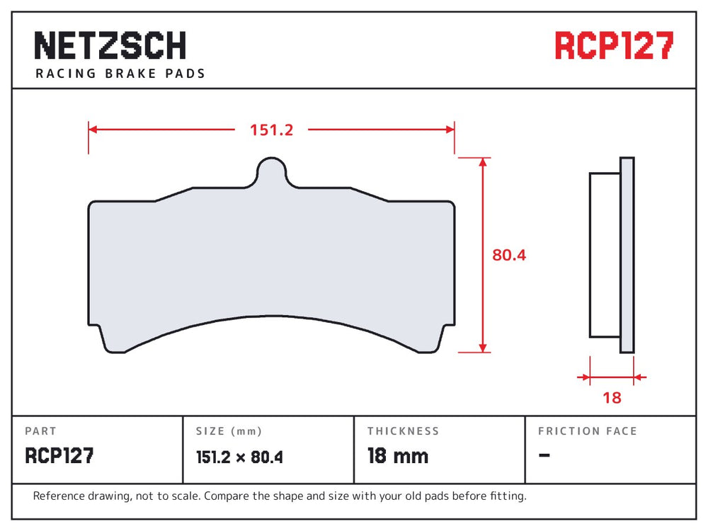 NETZSCH Endless RCP127 brake pad drawing, 18 mm thick