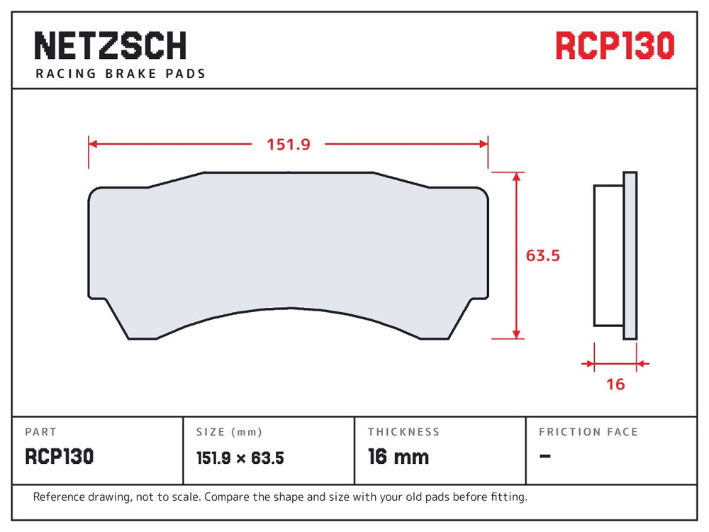 NETZSCH Endless RCP130 brake pad drawing, 16 mm thick