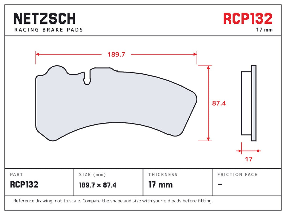 NETZSCH Endless RCP132 brake pad drawing, 17 mm thick