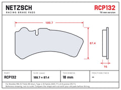 NETZSCH Endless RCP132 brake pad drawing, 16 mm thick