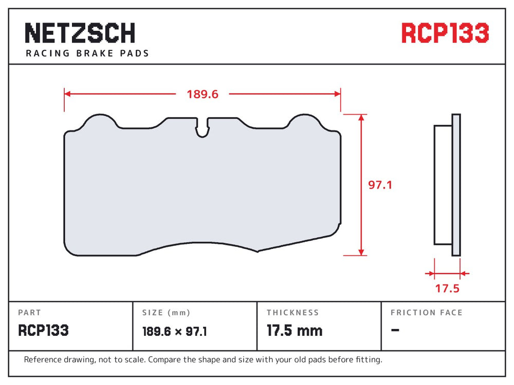 NETZSCH Endless RCP133 brake pad drawing, 17.5 mm thick