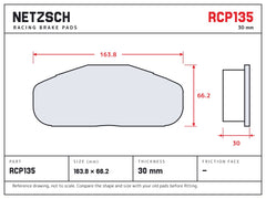 NETZSCH Endless RCP135 brake pad drawing, 30 mm thick