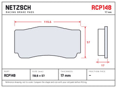 NETZSCH Endless RCP148 brake pad drawing, 17 mm thick