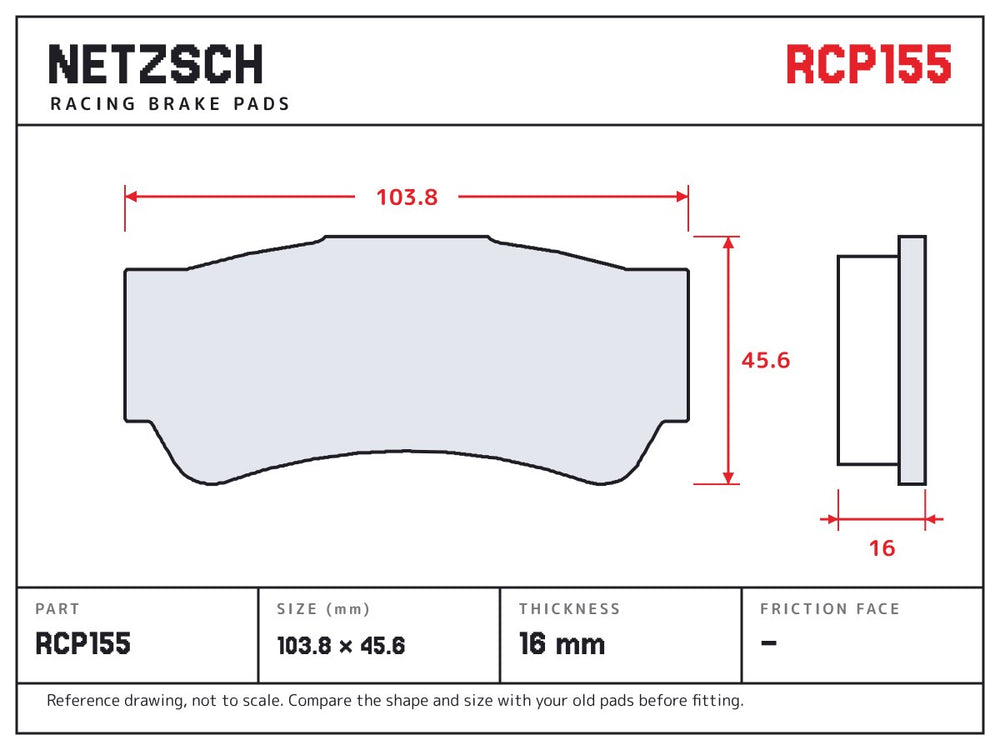 NETZSCH Endless RCP155 brake pad drawing, 16 mm thick