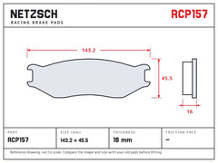 NETZSCH Endless RCP157 brake pad drawing, 16 mm thick