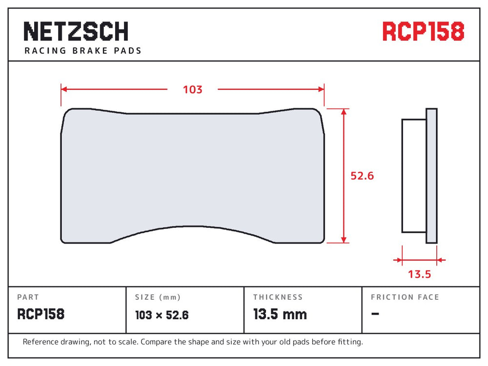 NETZSCH Endless RCP158 brake pad drawing, 13.5 mm thick