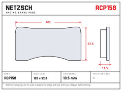 NETZSCH Endless RCP158 brake pad drawing, 13.5 mm thick