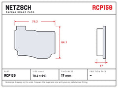 NETZSCH Endless RCP159 brake pad drawing, 17 mm thick
