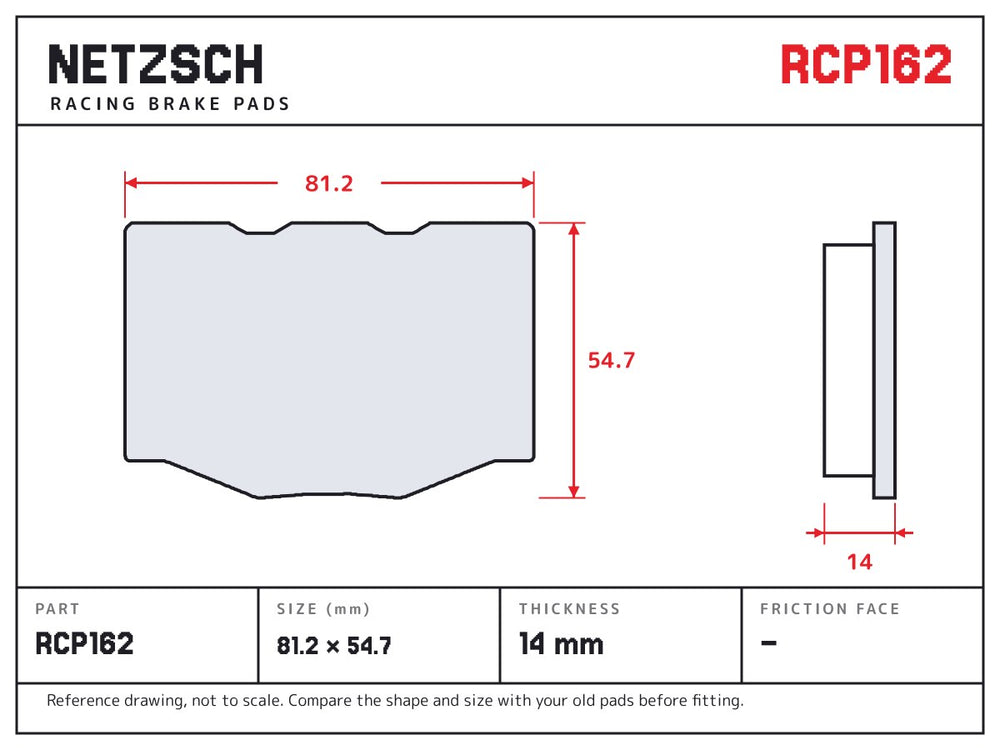 NETZSCH Endless RCP162 brake pad drawing, 14 mm thick