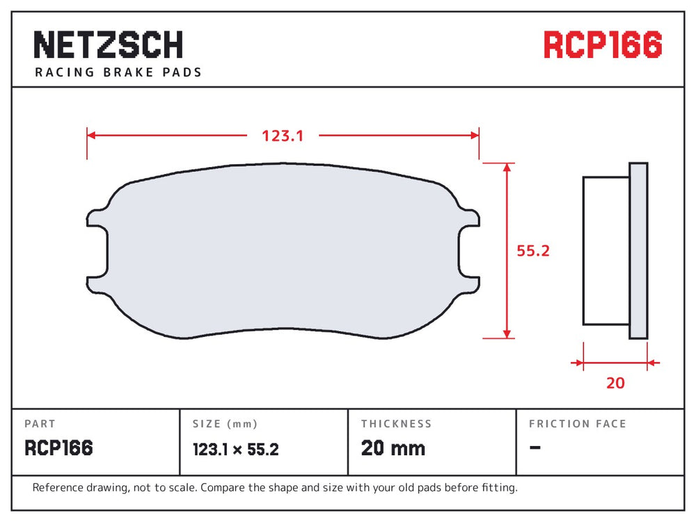 NETZSCH Endless RCP166 brake pad drawing, 20 mm thick
