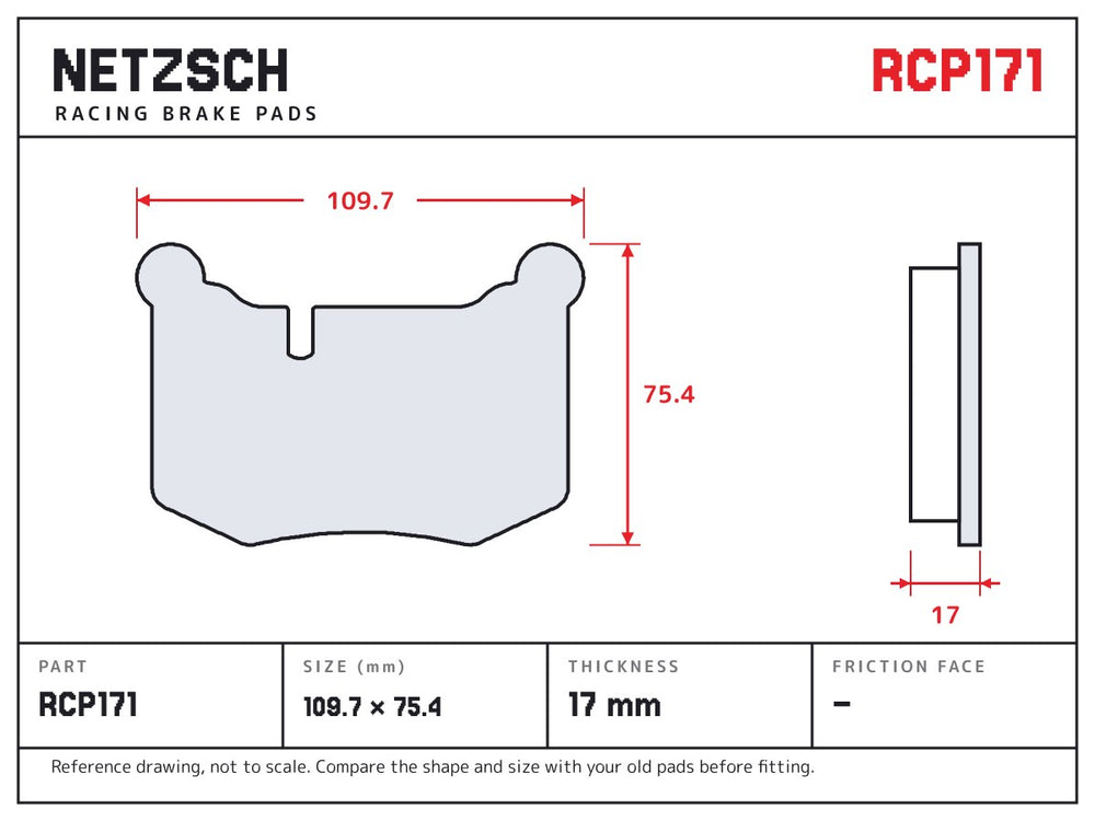NETZSCH Endless RCP171 brake pad drawing, 17 mm thick