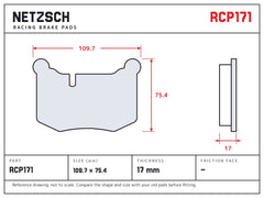 NETZSCH Endless RCP171 brake pad drawing, 17 mm thick