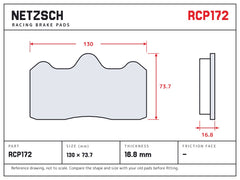 NETZSCH Endless RCP172 brake pad drawing, 16.8 mm thick