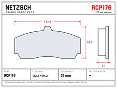 NETZSCH Endless RCP176 brake pad drawing, 21 mm thick