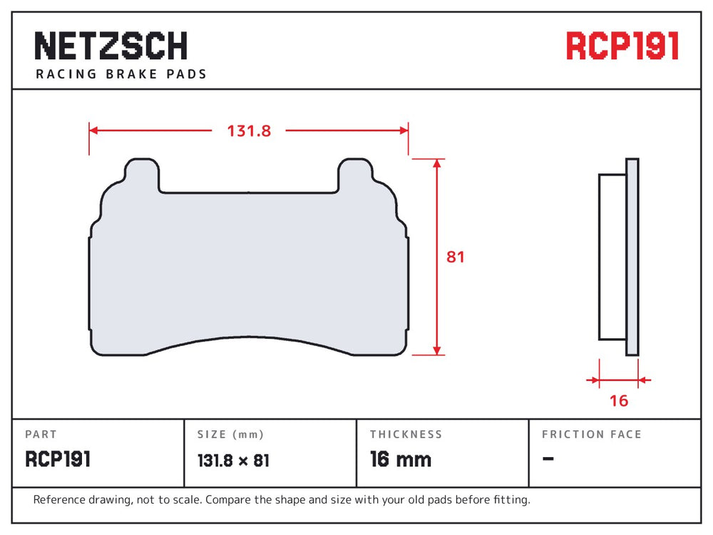 NETZSCH Endless RCP191 brake pad drawing, 16 mm thick