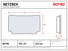 NETZSCH Endless RCP192 brake pad drawing, 13.5 mm thick
