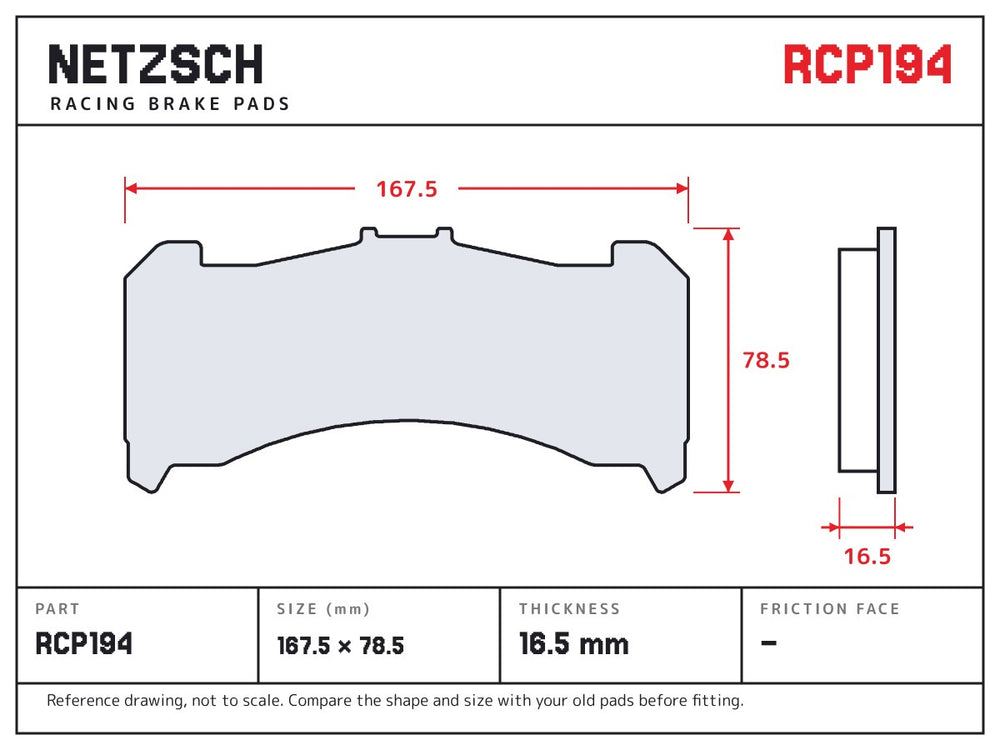 NETZSCH Endless RCP194 brake pad drawing, 16.5 mm thick