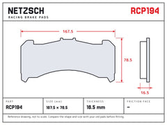 NETZSCH Endless RCP194 brake pad drawing, 16.5 mm thick