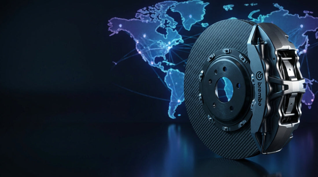Close-up of a high-performance carbon ceramic brake disc with a digital world map background symbolizing global shipping to Australia, Europe, and the USA.