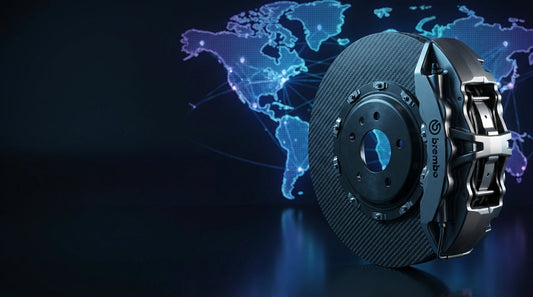Close-up of a high-performance carbon ceramic brake disc with a digital world map background symbolizing global shipping to Australia, Europe, and the USA.