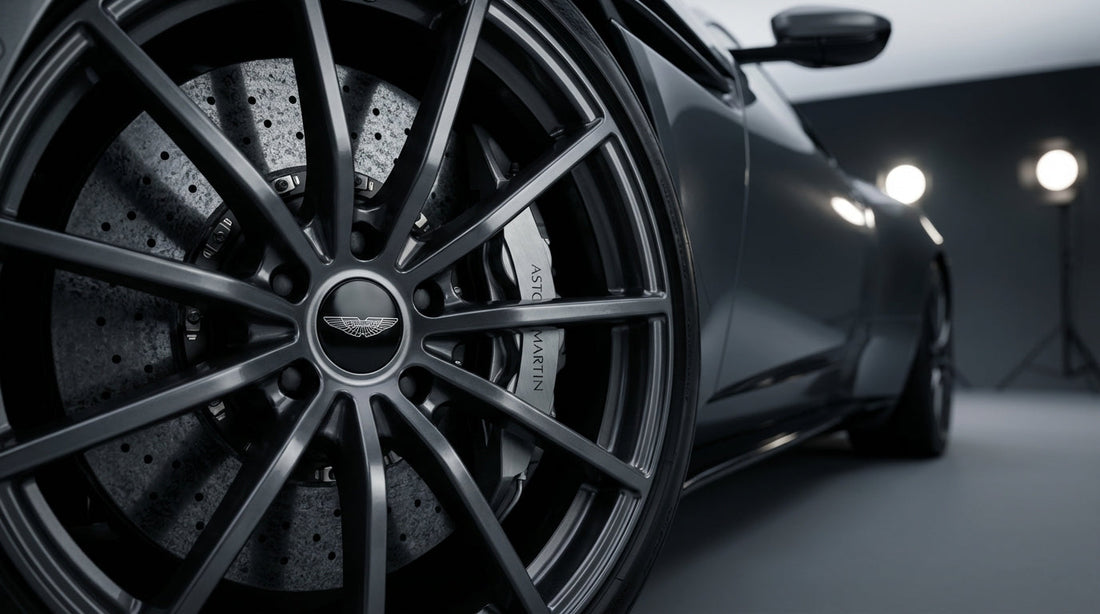 High-performance carbon ceramic brake system installed on an Aston Martin DB11 showing the rotor and caliper through forged wheels.