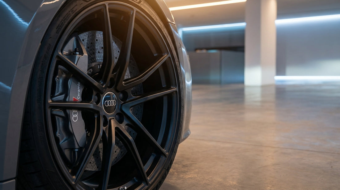 Close-up of a high-performance Audi RS carbon ceramic brake system featuring a cross-drilled rotor and Audi Ceramic caliper.