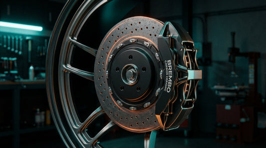 Close-up of a high-performance carbon ceramic brake disc and caliper with glowing heat effects, representing Barbaro's supercar-grade brake technology for street cars.