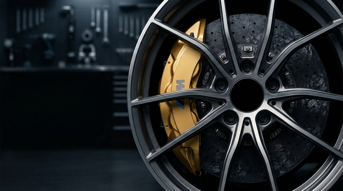 Close-up of a BMW carbon ceramic brake upgrade featuring signature gold calipers and high-performance rotors for M2, M3, M4, M5, and M8 models.