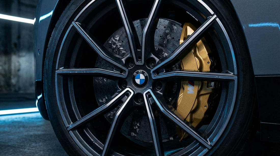 Detailed close-up of a BMW carbon ceramic brake rotor and gold M-Performance caliper on an electric vehicle wheel, showcasing performance and weight reduction.