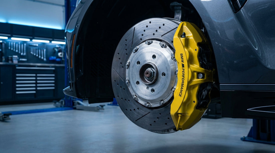 Close-up of a high-performance big brake kit upgrade with a multi ...