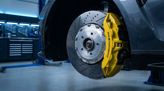 Close-up of a high-performance big brake kit upgrade with a multi-piston caliper and slotted rotor installed on a BMW M3 G80.