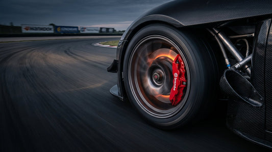 Close-up of a high-performance Brembo big brake kit on a track car with a glowing rotor, illustrating a guide on troubleshooting brake fade.
