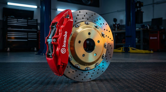 Detailed close-up of a Brembo 2-piece floating brake rotor and red caliper showing high-performance automotive engineering.