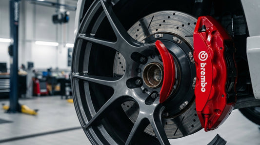 Close-up of a high-performance red Brembo big brake kit with cross-drilled rotors installed on a performance vehicle.