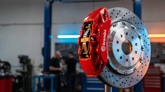 Close-up of a red Brembo brake caliper and performance rotor on a car, illustrating a guide on how to fix squeaking brake pads.