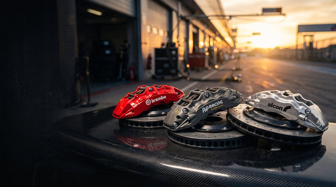 A side-by-side comparison of Brembo, AP Racing, and Alcon big brake kits showing high-performance calipers and slotted rotors for track use.