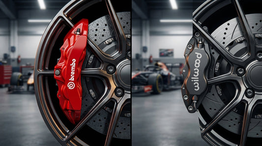 A side-by-side comparison of Brembo and Wilwood performance big brake kits featuring red and black calipers with cross-drilled rotors.