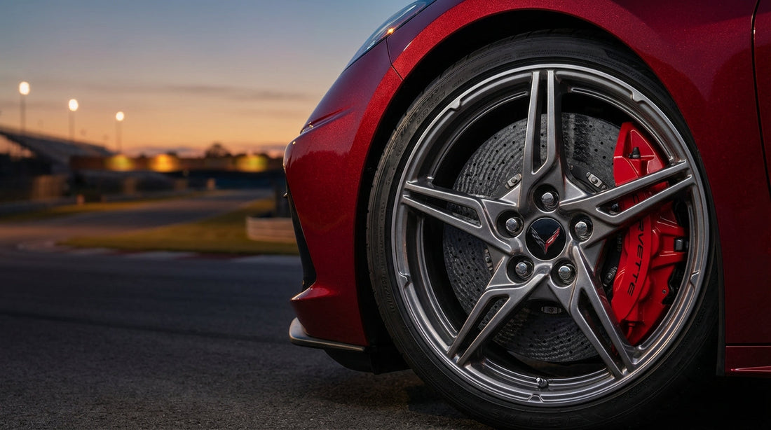 Detailed close-up of a C8 Corvette carbon ceramic brake rotor and red performance caliper on a race track background.