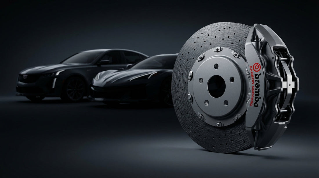 Close-up of a high-performance carbon ceramic brake rotor and caliper assembly for Cadillac CT5-V Blackwing and Corvette Z06 performance upgrades.