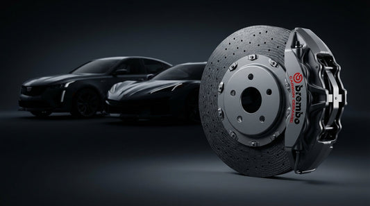 Close-up of a high-performance carbon ceramic brake rotor and caliper assembly for Cadillac CT5-V Blackwing and Corvette Z06 performance upgrades.