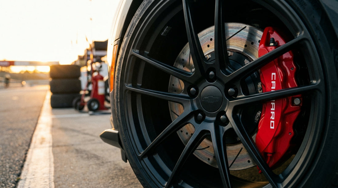 Close-up of a high-performance red big brake kit and slotted rotors on a Chevrolet Camaro SS for track racing.