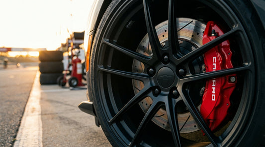 Close-up of a high-performance red big brake kit and slotted rotors on a Chevrolet Camaro SS for track racing.