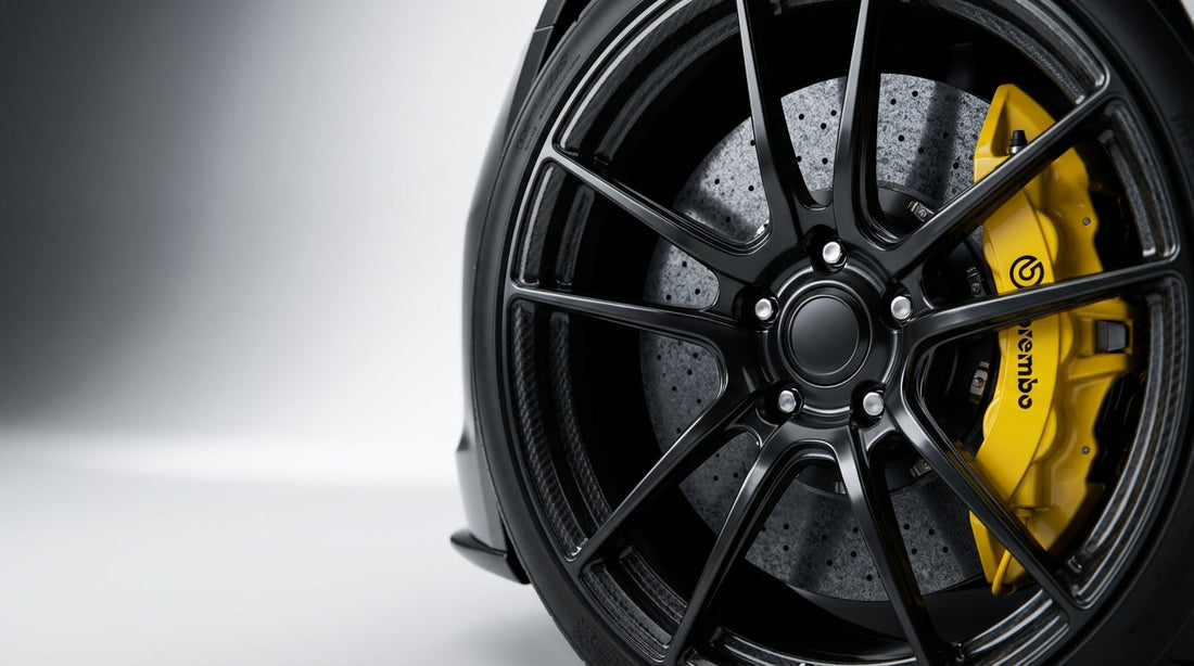 Close-up of a clean performance car wheel with a carbon ceramic brake rotor and yellow caliper showing no brake dust buildup.