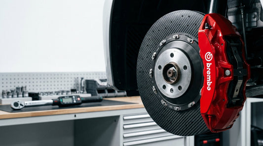 Detailed close-up of a high-performance carbon ceramic brake rotor and caliper being serviced in a professional automotive workshop.