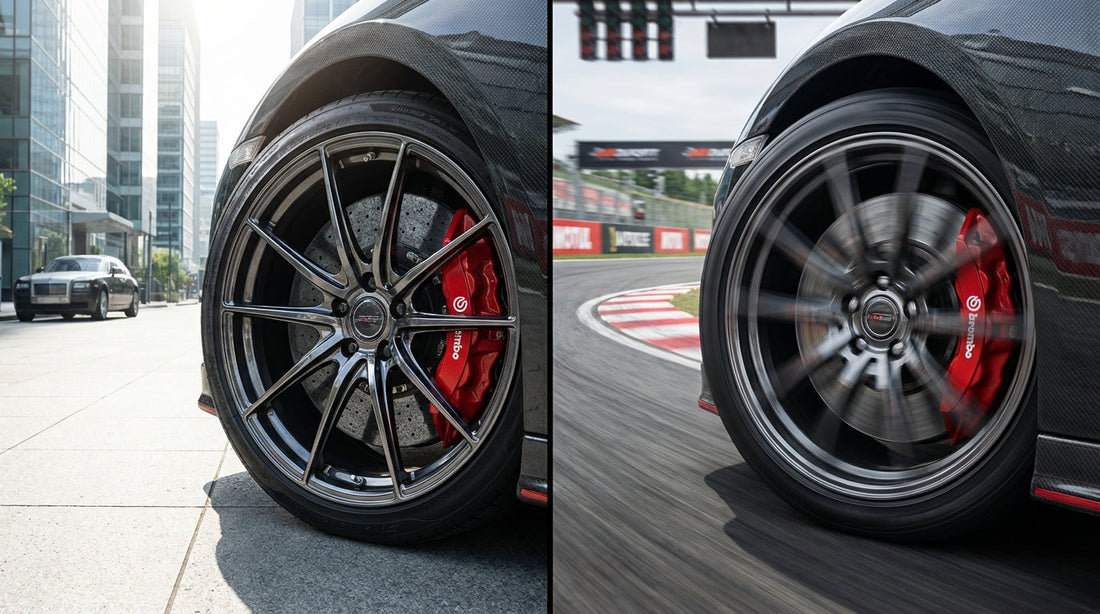 Close-up of a high-performance carbon ceramic brake rotor and caliper on a sports car, illustrating the components involved in street and track maintenance schedules.
